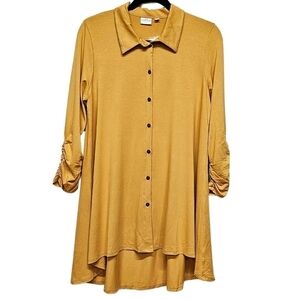 New Directions Julianna Crepe Tunic Button Down, Ruched Sleeve, Squash Yellow.